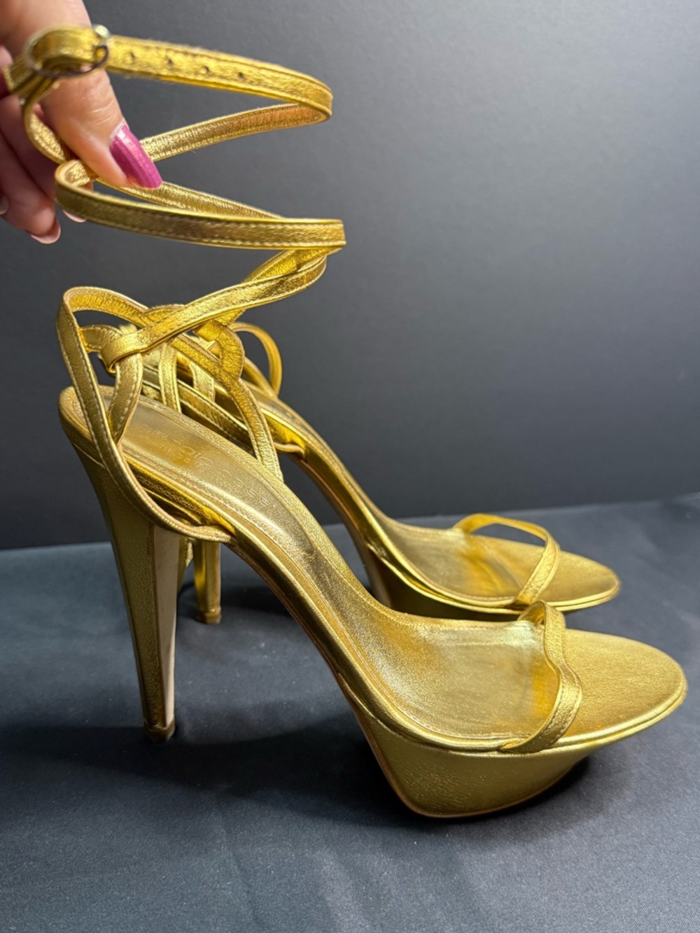 Sergio Rossi Gold Leather Ankle Wrap Strappy Platform Sexy Wedding Formal Heel